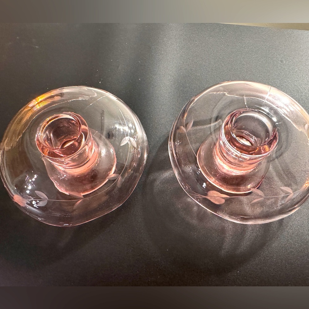 SOLD 1930’s Pink Depression Cambridge Glass Etched Taper Candlestick Holders